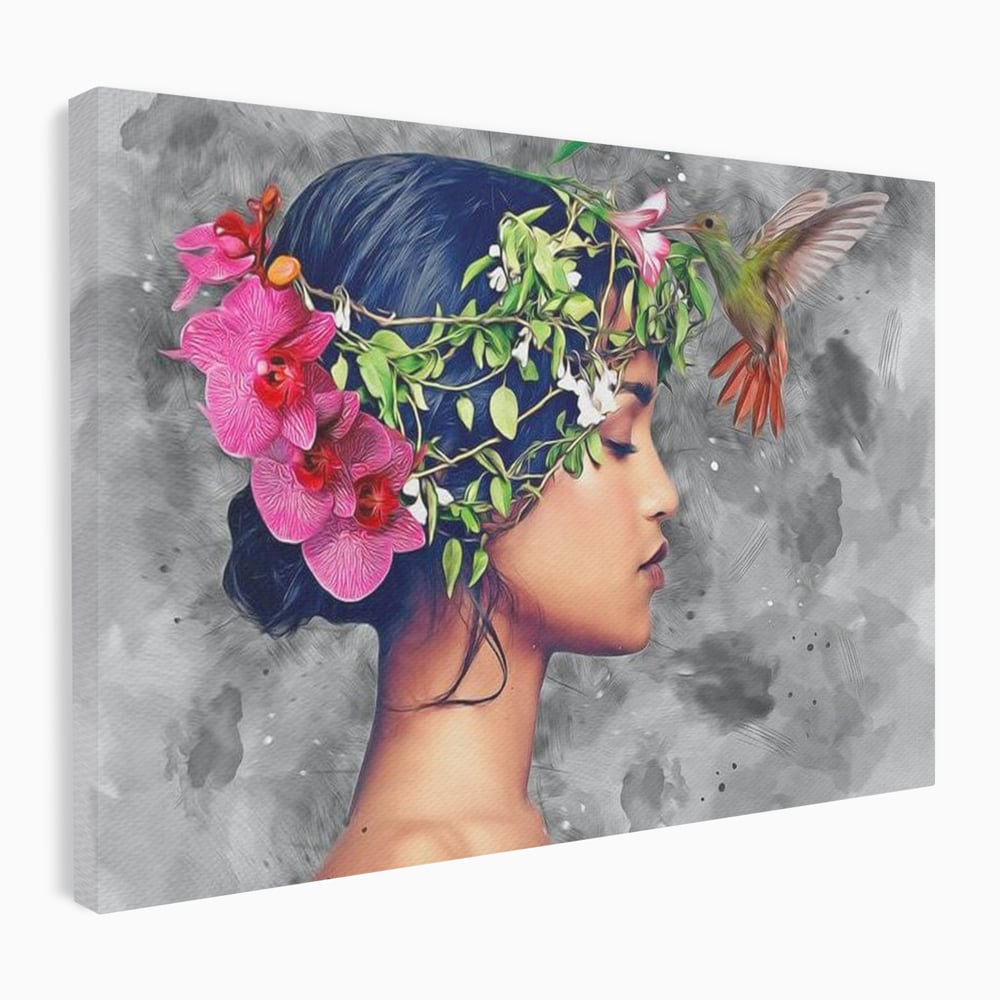 Tablou Canvas Premium, LuxCanva® G1107, Fata si Pasarea Colibri, Natura, Pasare, Flori, Aripi, Poetic, Frumusete, Feminitate, Zbor, Living, Dormitor