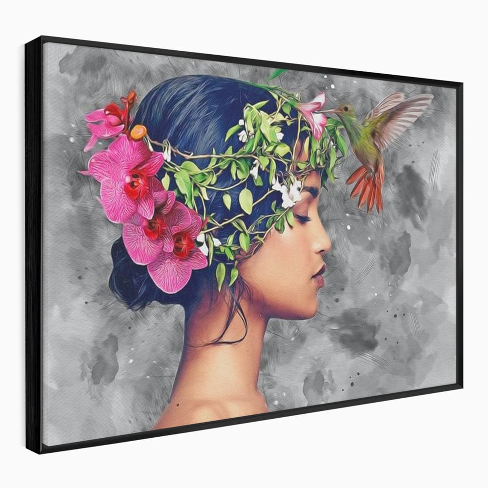 Tablou Canvas Premium, LuxCanva® G1107, Fata si Pasarea Colibri, Natura, Pasare, Flori, Aripi, Poetic, Frumusete, Feminitate, Zbor, Living, Dormitor