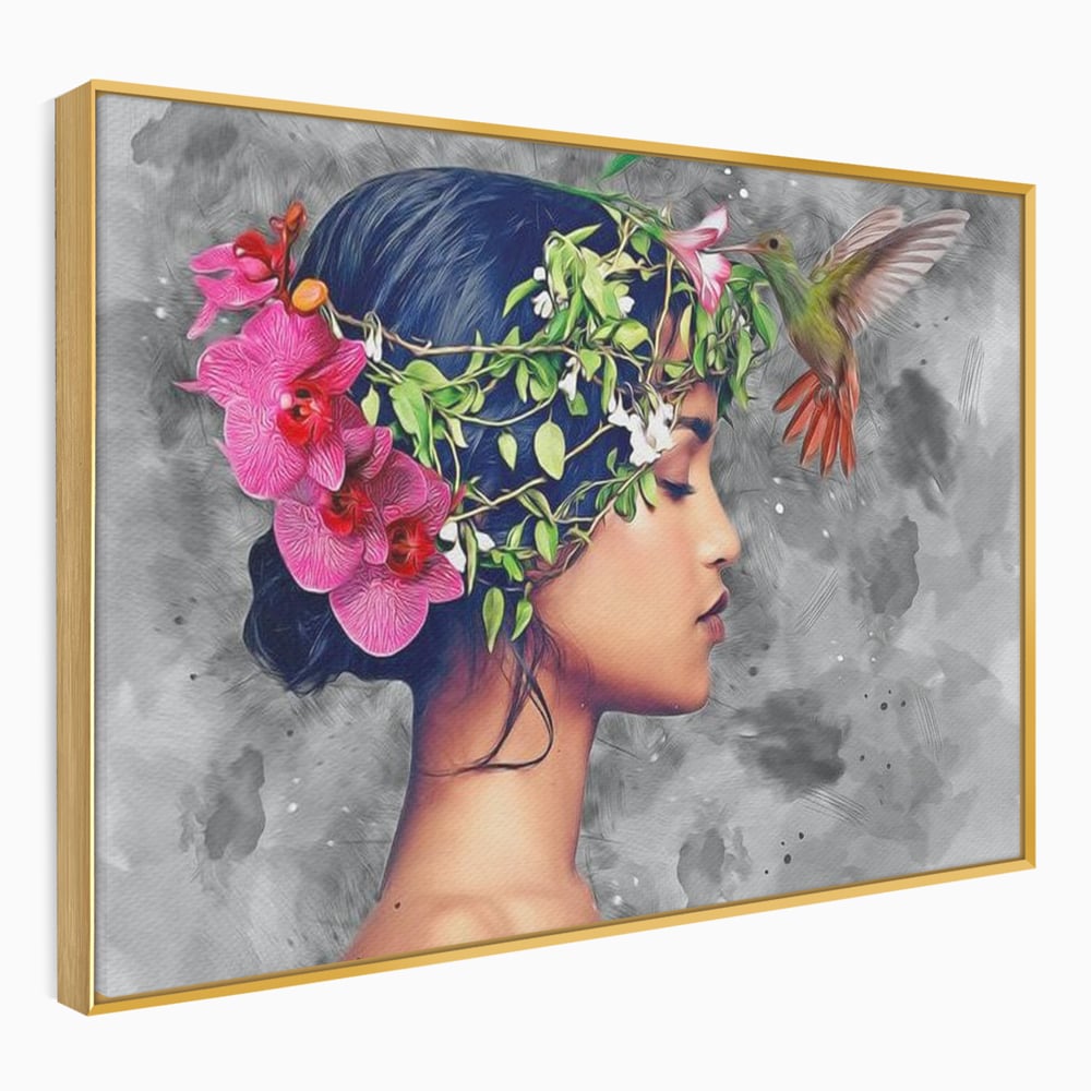 Tablou Canvas Premium, LuxCanva® G1107, Fata si Pasarea Colibri, Natura, Pasare, Flori, Aripi, Poetic, Frumusete, Feminitate, Zbor, Living, Dormitor