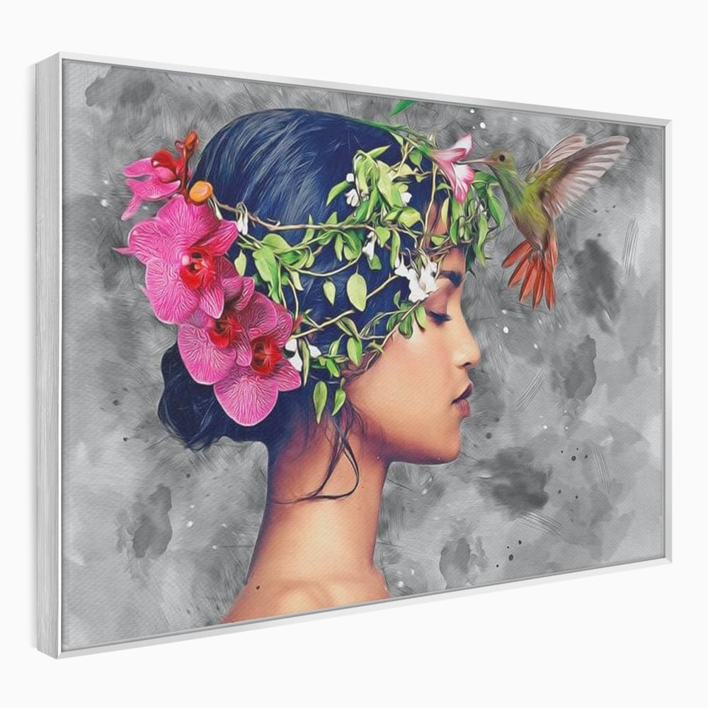 Tablou Canvas Premium, LuxCanva® G1107, Fata si Pasarea Colibri, Natura, Pasare, Flori, Aripi, Poetic, Frumusete, Feminitate, Zbor, Living, Dormitor