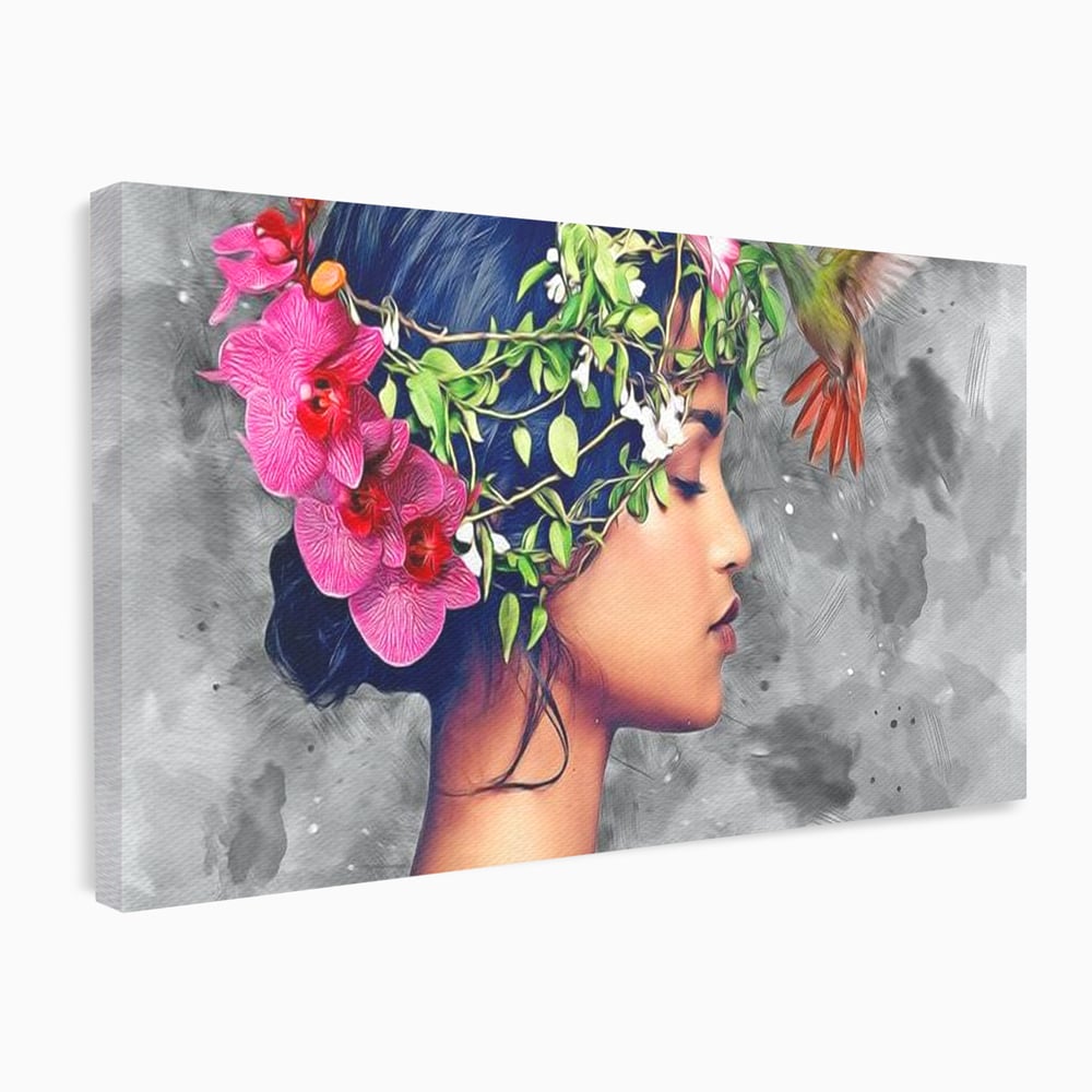 Tablou Canvas Premium, LuxCanva® G1107, Fata si Pasarea Colibri, Natura, Pasare, Flori, Aripi, Poetic, Frumusete, Feminitate, Zbor, Living, Dormitor