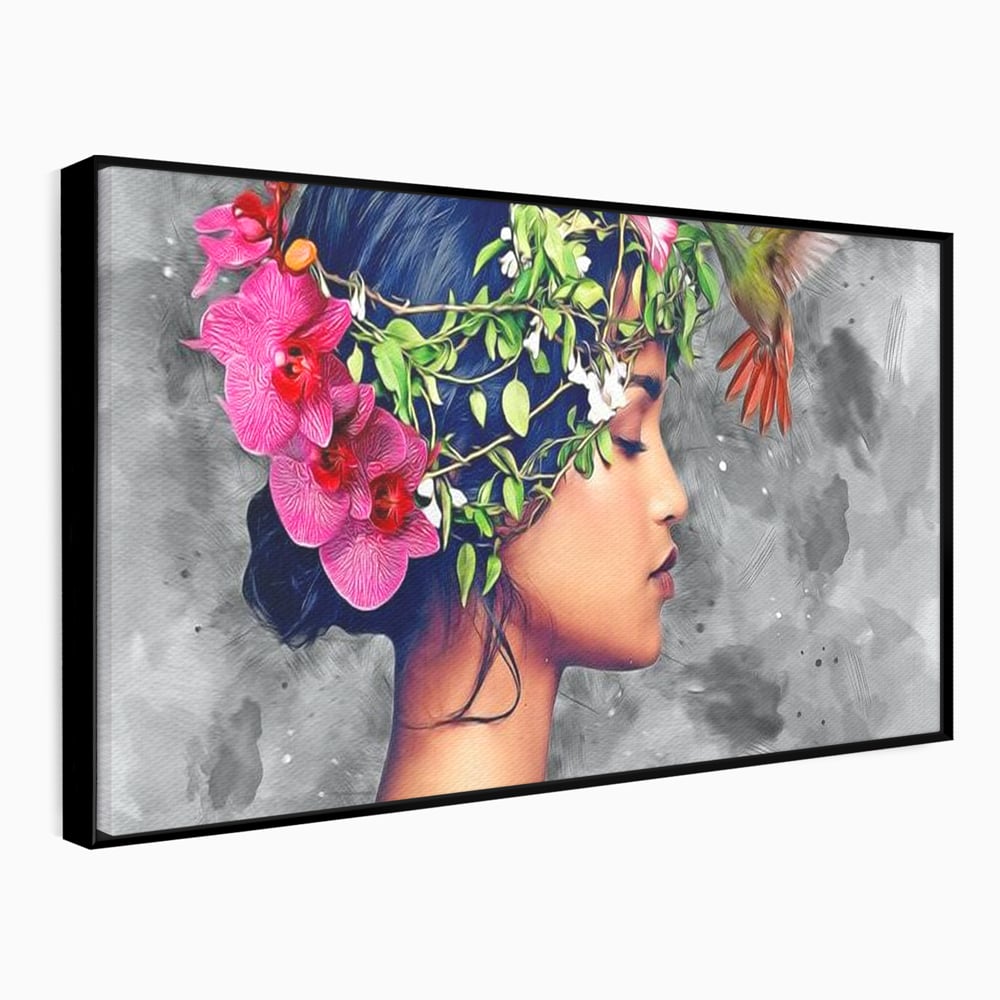 Tablou Canvas Premium, LuxCanva® G1107, Fata si Pasarea Colibri, Natura, Pasare, Flori, Aripi, Poetic, Frumusete, Feminitate, Zbor, Living, Dormitor