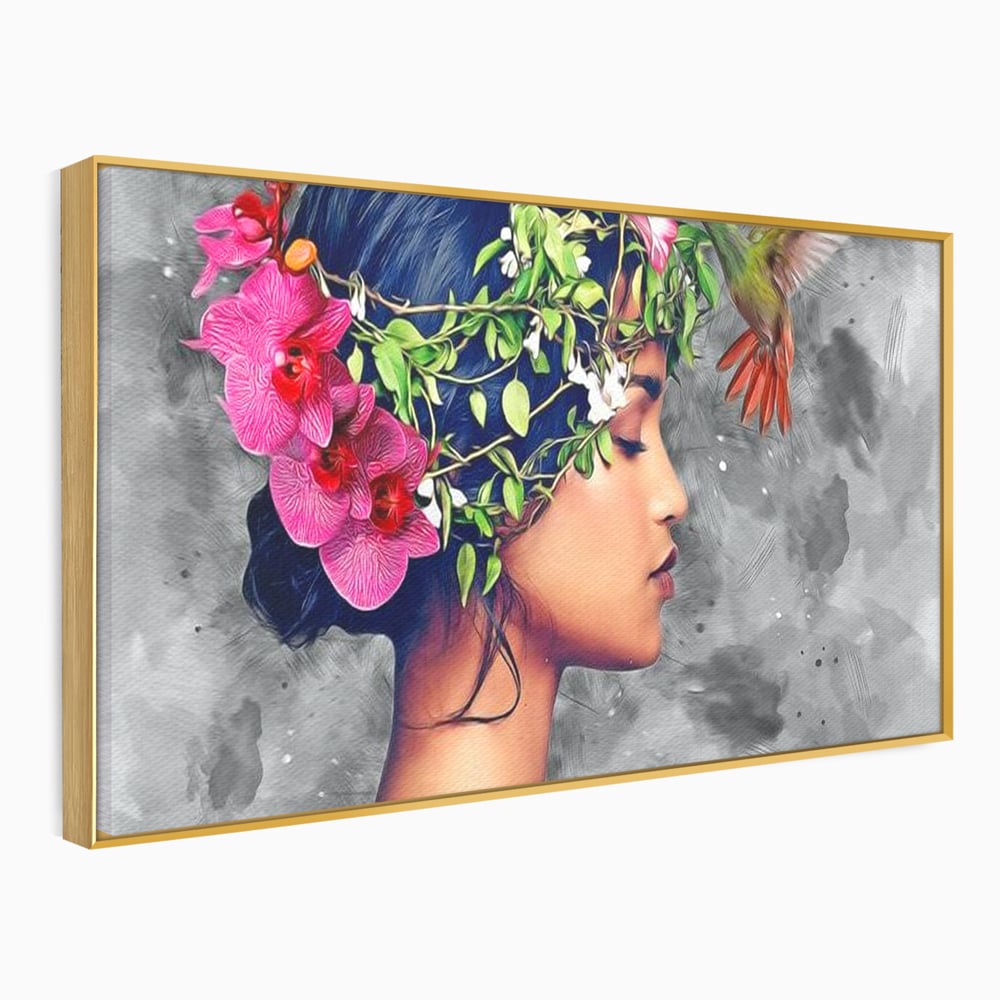 Tablou Canvas Premium, LuxCanva® G1107, Fata si Pasarea Colibri, Natura, Pasare, Flori, Aripi, Poetic, Frumusete, Feminitate, Zbor, Living, Dormitor