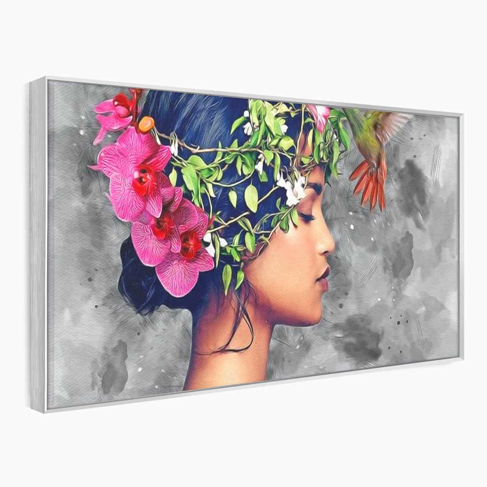 Tablou Canvas Premium, LuxCanva® G1107, Fata si Pasarea Colibri, Natura, Pasare, Flori, Aripi, Poetic, Frumusete, Feminitate, Zbor, Living, Dormitor