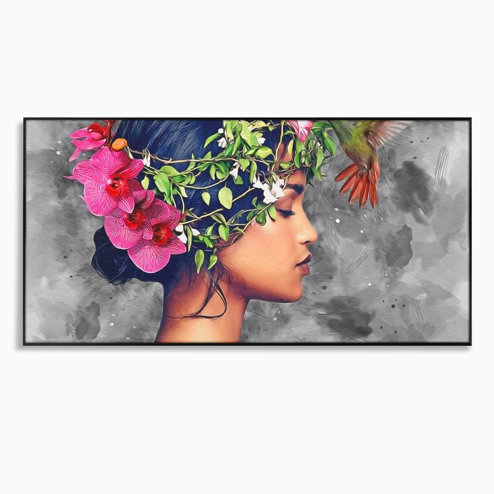 Tablou Canvas Premium, LuxCanva® G1107, Fata si Pasarea Colibri, Natura, Pasare, Flori, Aripi, Poetic, Frumusete, Feminitate, Zbor, Living, Dormitor