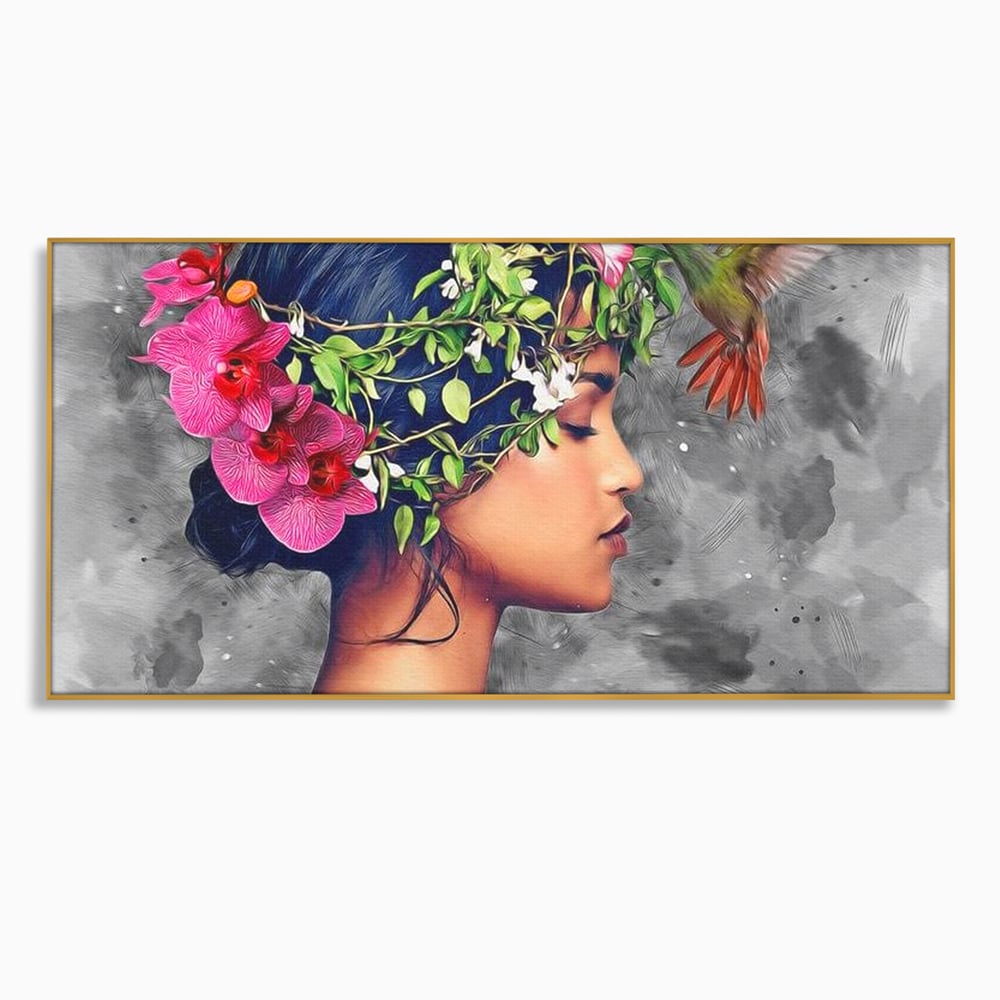 Tablou Canvas Premium, LuxCanva® G1107, Fata si Pasarea Colibri, Natura, Pasare, Flori, Aripi, Poetic, Frumusete, Feminitate, Zbor, Living, Dormitor