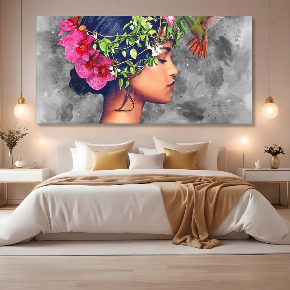 Tablou Canvas Premium, LuxCanva® G1107, Fata si Pasarea Colibri, Natura, Pasare, Flori, Aripi, Poetic, Frumusete, Feminitate, Zbor, Living, Dormitor