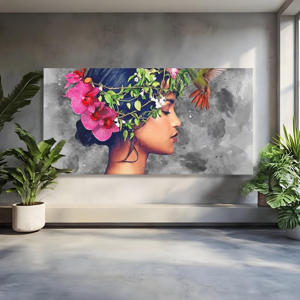 Tablou Canvas Premium, LuxCanva® G1107, Fata si Pasarea Colibri, Natura, Pasare, Flori, Aripi, Poetic, Frumusete, Feminitate, Zbor, Living, Dormitor