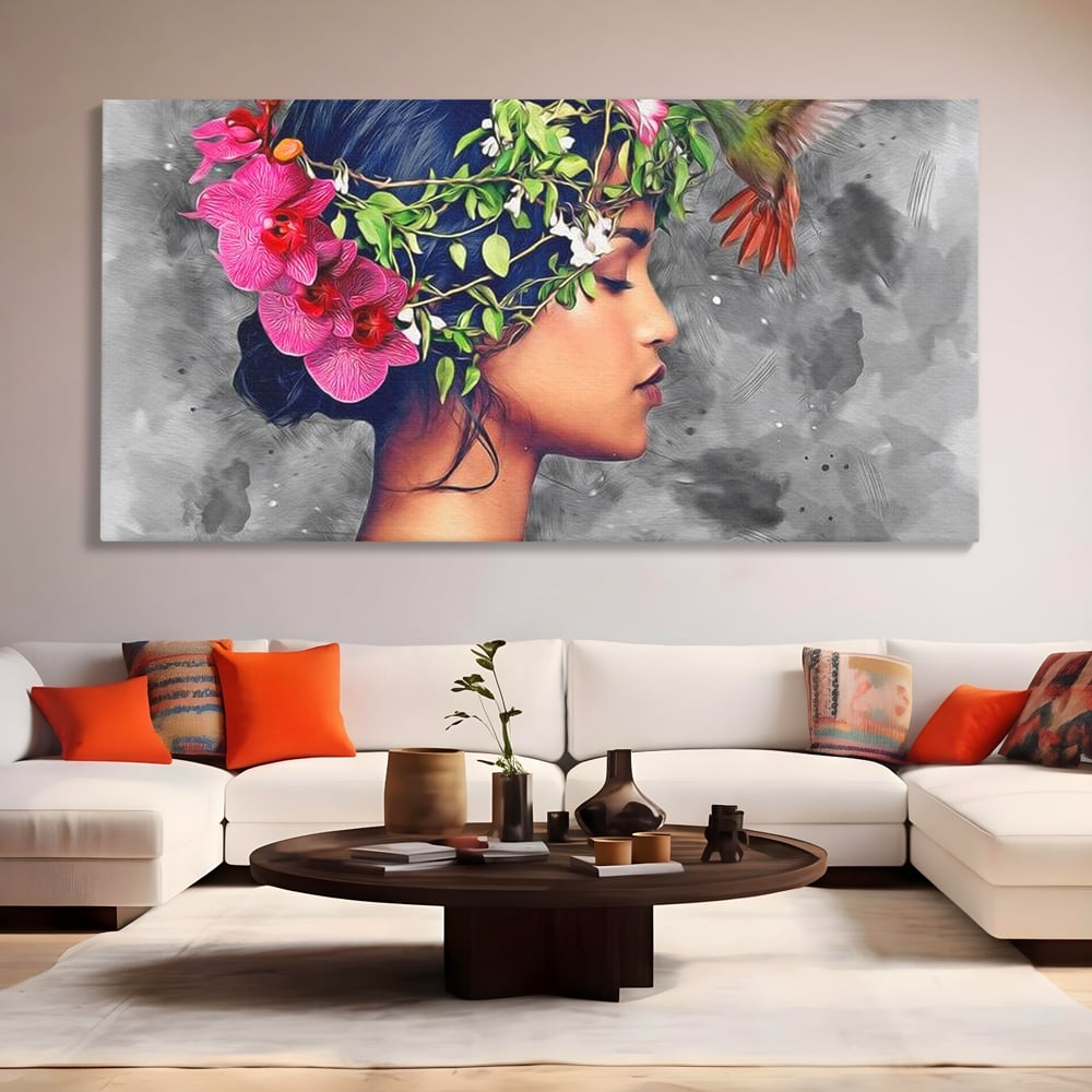 Tablou Canvas Premium, LuxCanva® G1107, Fata si Pasarea Colibri, Natura, Pasare, Flori, Aripi, Poetic, Frumusete, Feminitate, Zbor, Living, Dormitor