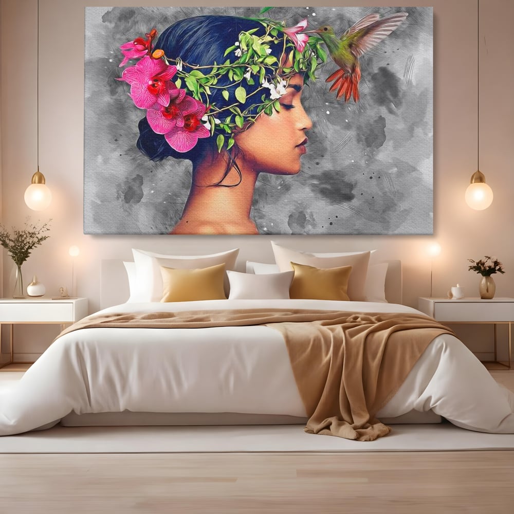 Tablou Canvas Premium, LuxCanva® G1107, Fata si Pasarea Colibri, Natura, Pasare, Flori, Aripi, Poetic, Frumusete, Feminitate, Zbor, Living, Dormitor