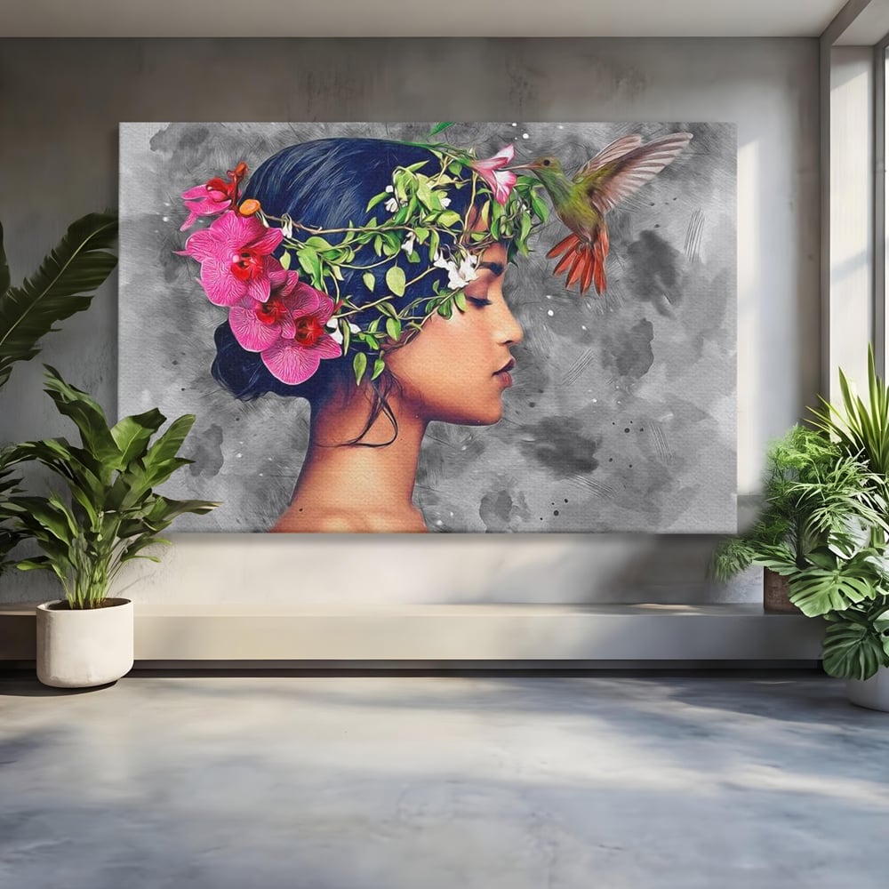 Tablou Canvas Premium, LuxCanva® G1107, Fata si Pasarea Colibri, Natura, Pasare, Flori, Aripi, Poetic, Frumusete, Feminitate, Zbor, Living, Dormitor
