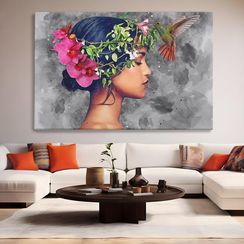 Tablou Canvas Premium, LuxCanva® G1107, Fata si Pasarea Colibri, Natura, Pasare, Flori, Aripi, Poetic, Frumusete, Feminitate, Zbor, Living, Dormitor