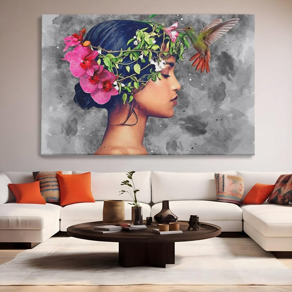 Tablou Canvas Premium, LuxCanva® G1107, Fata si Pasarea Colibri, Natura, Pasare, Flori, Aripi, Poetic, Frumusete, Feminitate, Zbor, Living, Dormitor