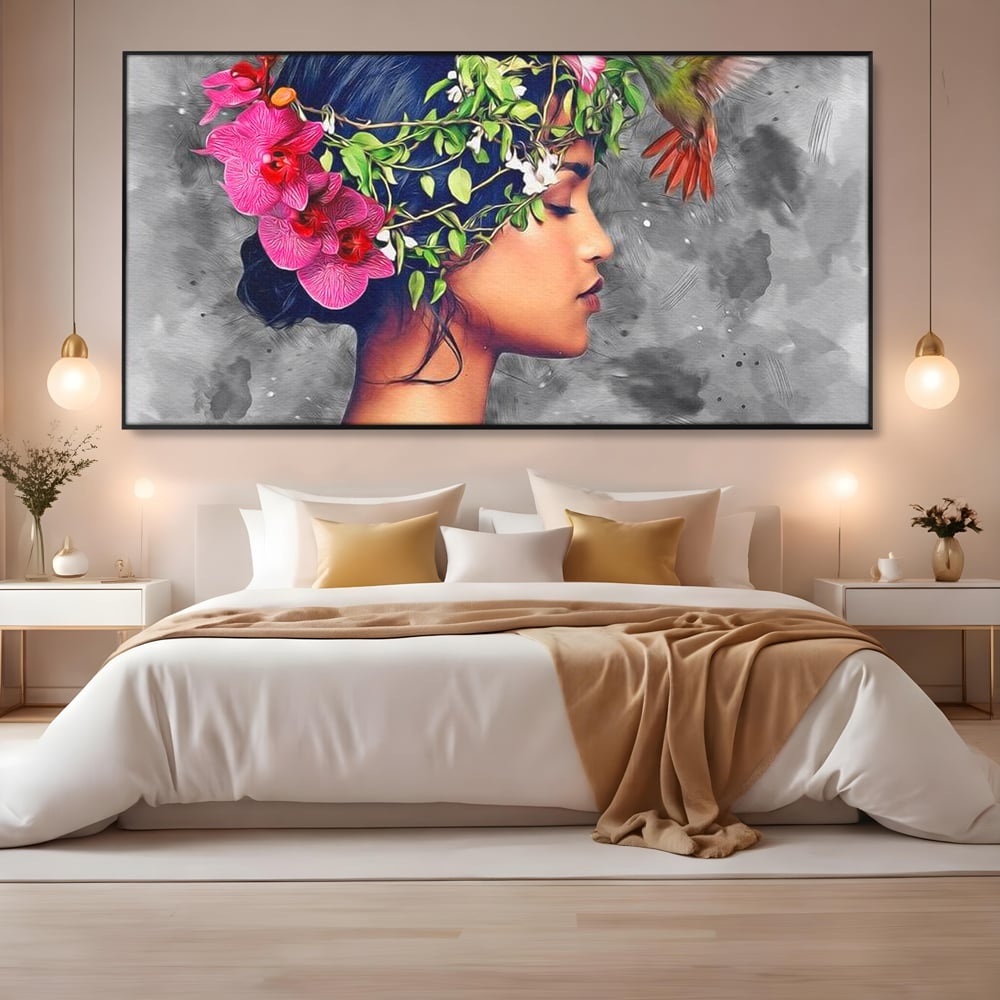 Tablou Canvas Premium, LuxCanva® G1107, Fata si Pasarea Colibri, Natura, Pasare, Flori, Aripi, Poetic, Frumusete, Feminitate, Zbor, Living, Dormitor
