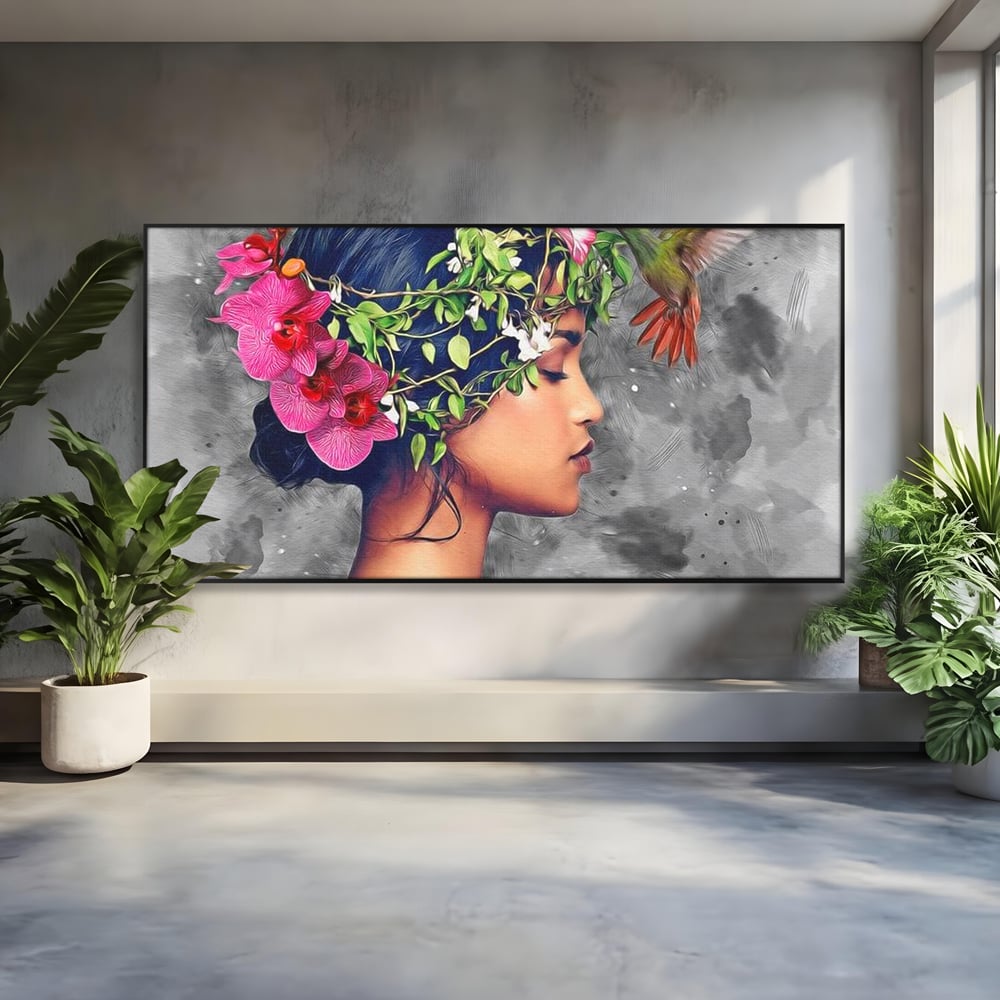 Tablou Canvas Premium, LuxCanva® G1107, Fata si Pasarea Colibri, Natura, Pasare, Flori, Aripi, Poetic, Frumusete, Feminitate, Zbor, Living, Dormitor