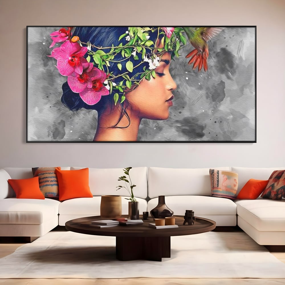 Tablou Canvas Premium, LuxCanva® G1107, Fata si Pasarea Colibri, Natura, Pasare, Flori, Aripi, Poetic, Frumusete, Feminitate, Zbor, Living, Dormitor