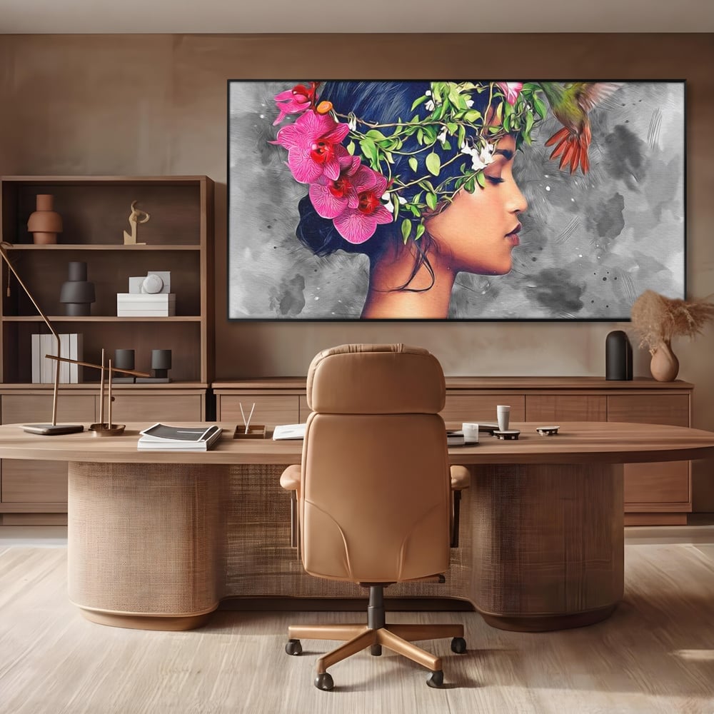 Tablou Canvas Premium, LuxCanva® G1107, Fata si Pasarea Colibri, Natura, Pasare, Flori, Aripi, Poetic, Frumusete, Feminitate, Zbor, Living, Dormitor