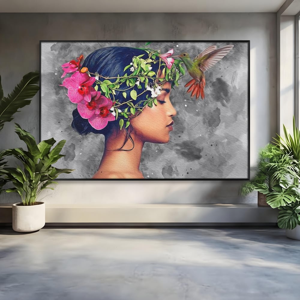 Tablou Canvas Premium, LuxCanva® G1107, Fata si Pasarea Colibri, Natura, Pasare, Flori, Aripi, Poetic, Frumusete, Feminitate, Zbor, Living, Dormitor