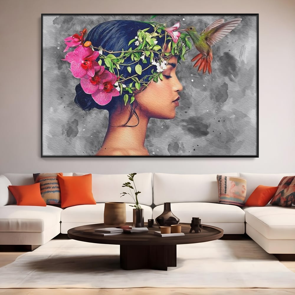 Tablou Canvas Premium, LuxCanva® G1107, Fata si Pasarea Colibri, Natura, Pasare, Flori, Aripi, Poetic, Frumusete, Feminitate, Zbor, Living, Dormitor