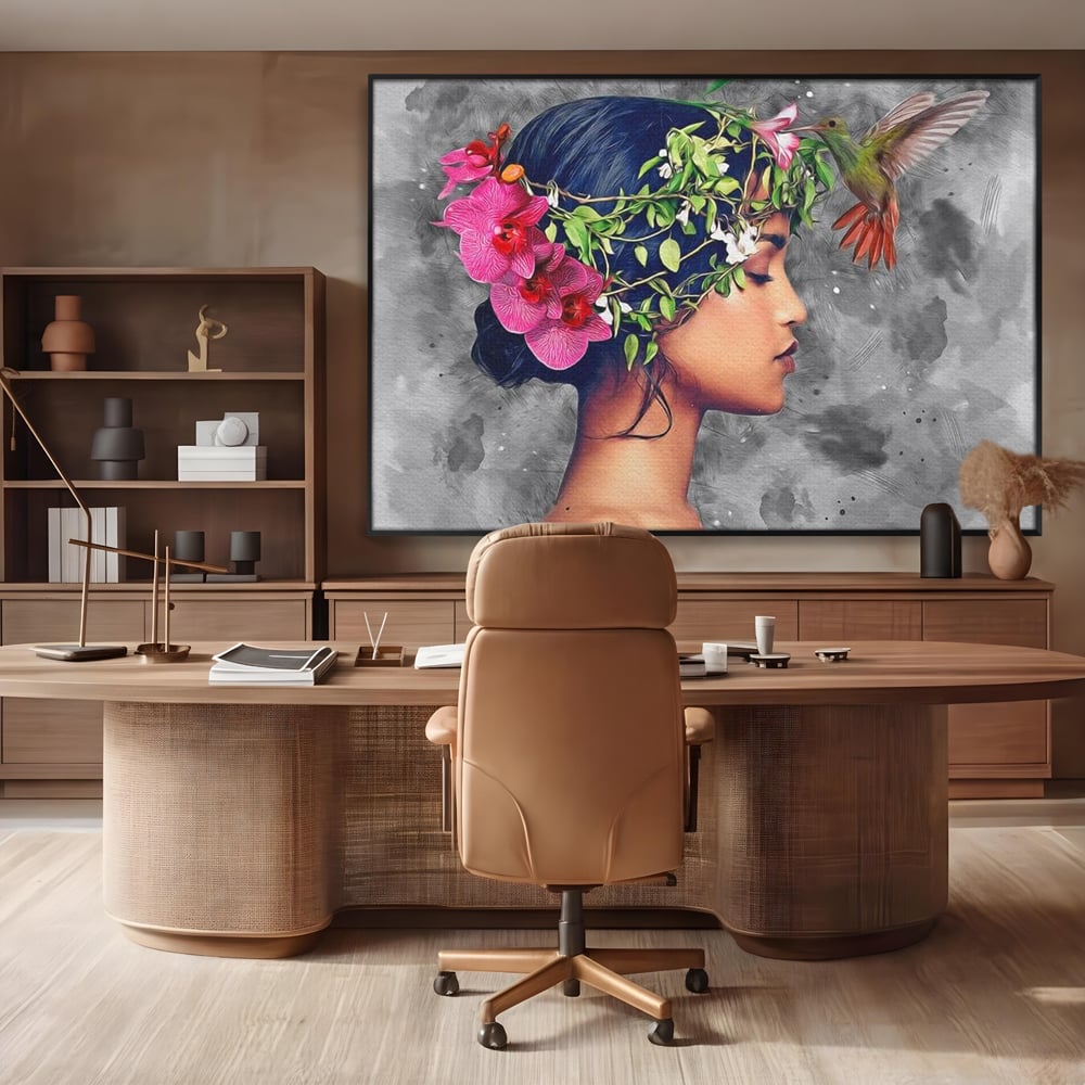 Tablou Canvas Premium, LuxCanva® G1107, Fata si Pasarea Colibri, Natura, Pasare, Flori, Aripi, Poetic, Frumusete, Feminitate, Zbor, Living, Dormitor