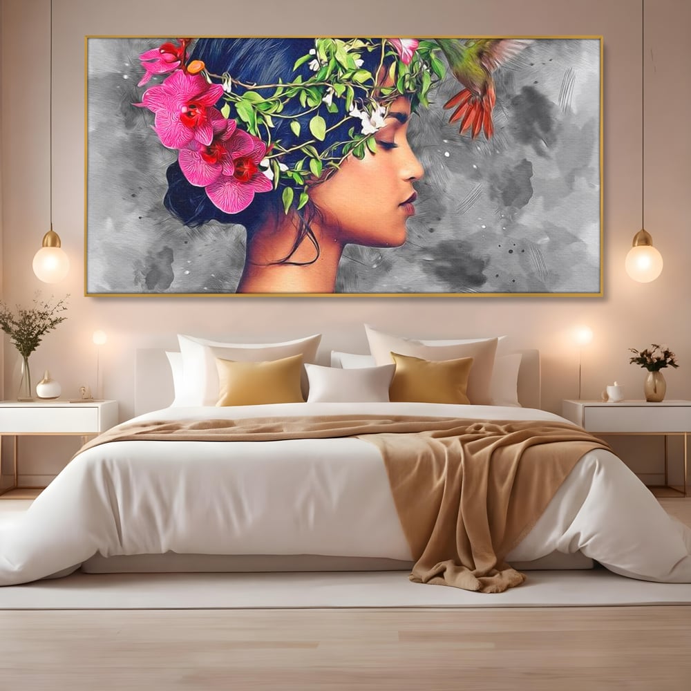 Tablou Canvas Premium, LuxCanva® G1107, Fata si Pasarea Colibri, Natura, Pasare, Flori, Aripi, Poetic, Frumusete, Feminitate, Zbor, Living, Dormitor