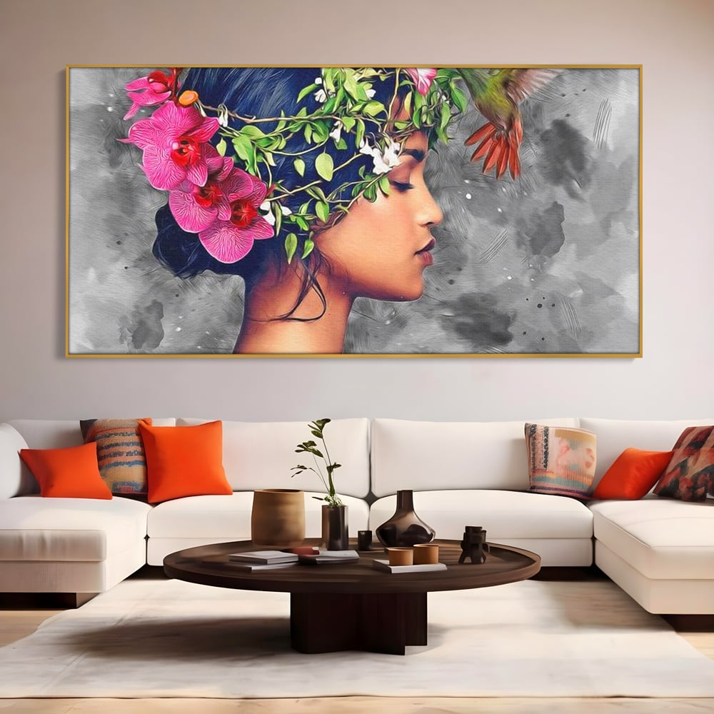 Tablou Canvas Premium, LuxCanva® G1107, Fata si Pasarea Colibri, Natura, Pasare, Flori, Aripi, Poetic, Frumusete, Feminitate, Zbor, Living, Dormitor