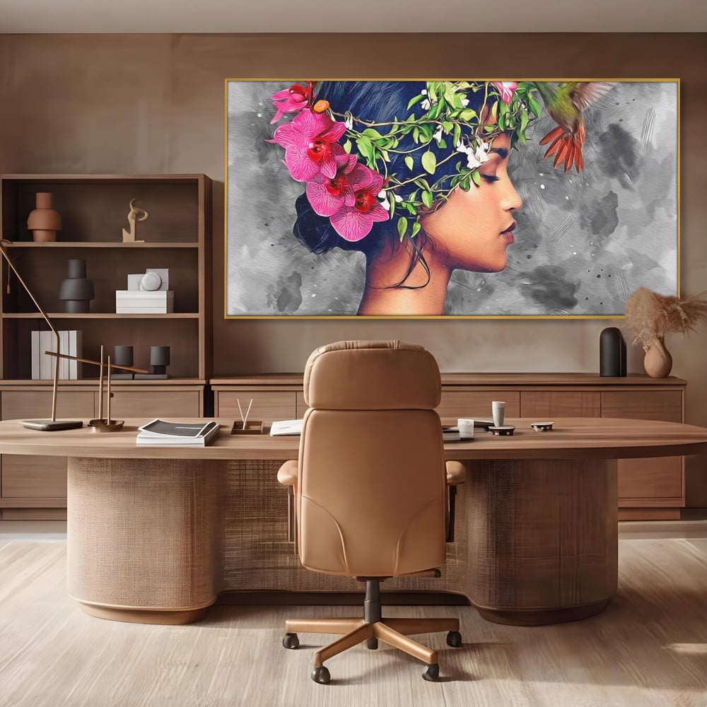 Tablou Canvas Premium, LuxCanva® G1107, Fata si Pasarea Colibri, Natura, Pasare, Flori, Aripi, Poetic, Frumusete, Feminitate, Zbor, Living, Dormitor
