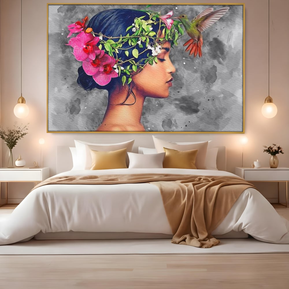 Tablou Canvas Premium, LuxCanva® G1107, Fata si Pasarea Colibri, Natura, Pasare, Flori, Aripi, Poetic, Frumusete, Feminitate, Zbor, Living, Dormitor