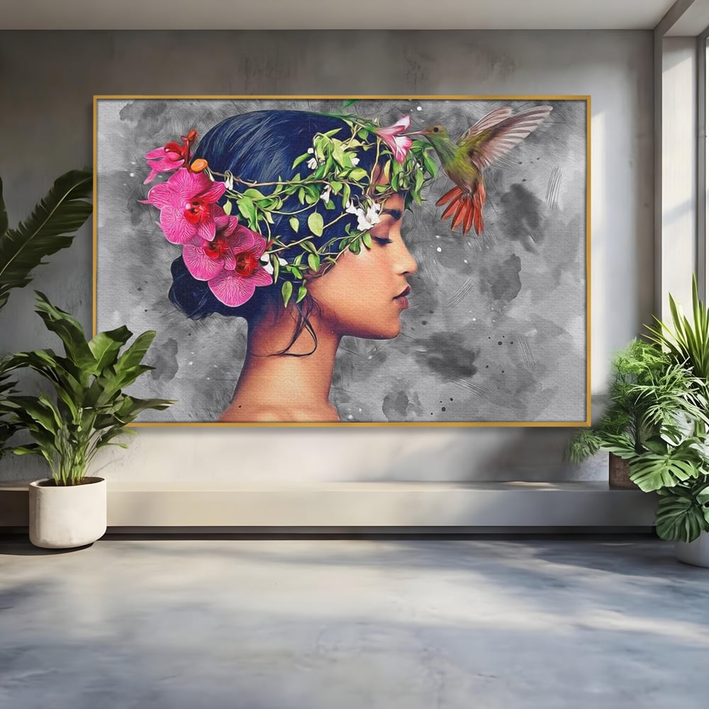Tablou Canvas Premium, LuxCanva® G1107, Fata si Pasarea Colibri, Natura, Pasare, Flori, Aripi, Poetic, Frumusete, Feminitate, Zbor, Living, Dormitor