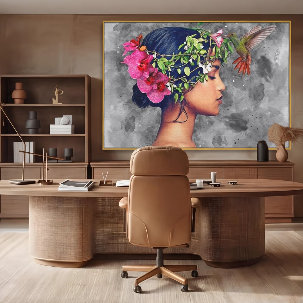 Tablou Canvas Premium, LuxCanva® G1107, Fata si Pasarea Colibri, Natura, Pasare, Flori, Aripi, Poetic, Frumusete, Feminitate, Zbor, Living, Dormitor