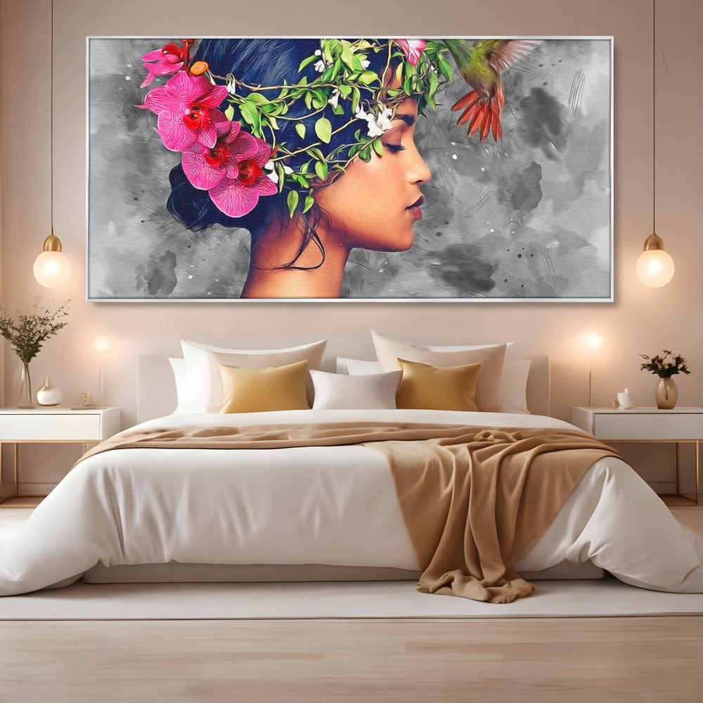 Tablou Canvas Premium, LuxCanva® G1107, Fata si Pasarea Colibri, Natura, Pasare, Flori, Aripi, Poetic, Frumusete, Feminitate, Zbor, Living, Dormitor