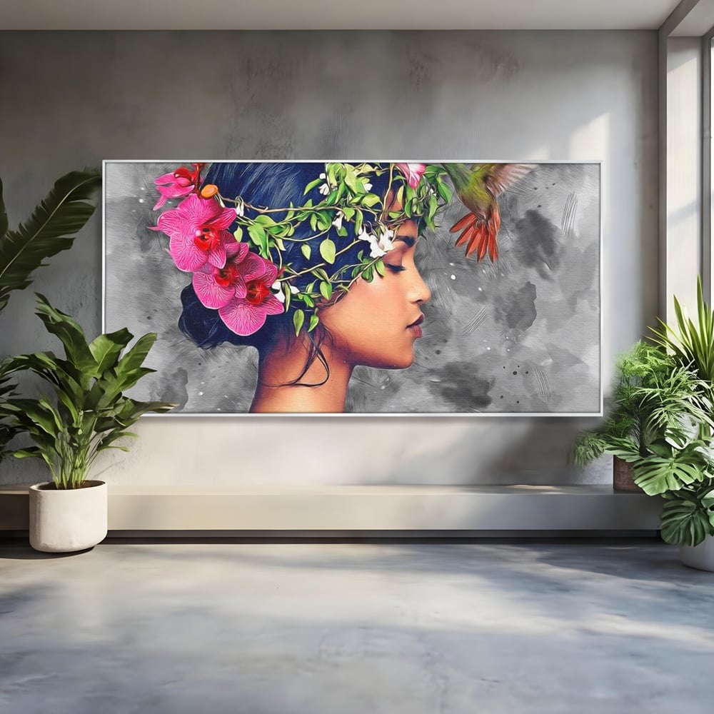 Tablou Canvas Premium, LuxCanva® G1107, Fata si Pasarea Colibri, Natura, Pasare, Flori, Aripi, Poetic, Frumusete, Feminitate, Zbor, Living, Dormitor