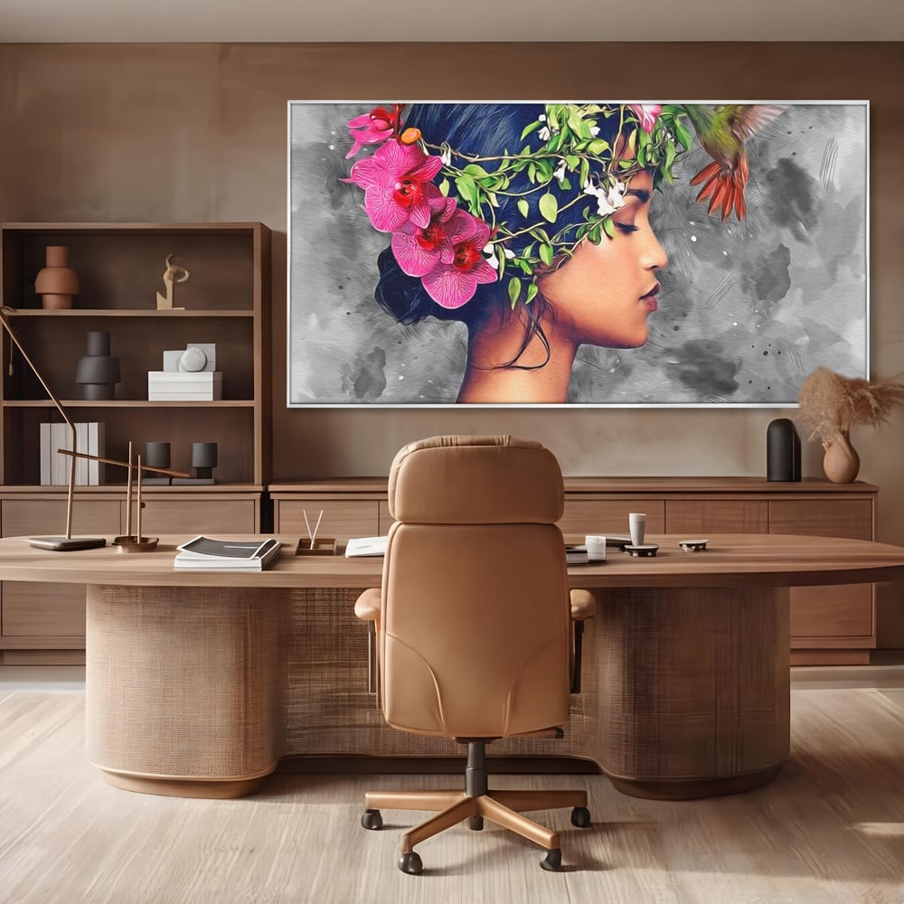 Tablou Canvas Premium, LuxCanva® G1107, Fata si Pasarea Colibri, Natura, Pasare, Flori, Aripi, Poetic, Frumusete, Feminitate, Zbor, Living, Dormitor