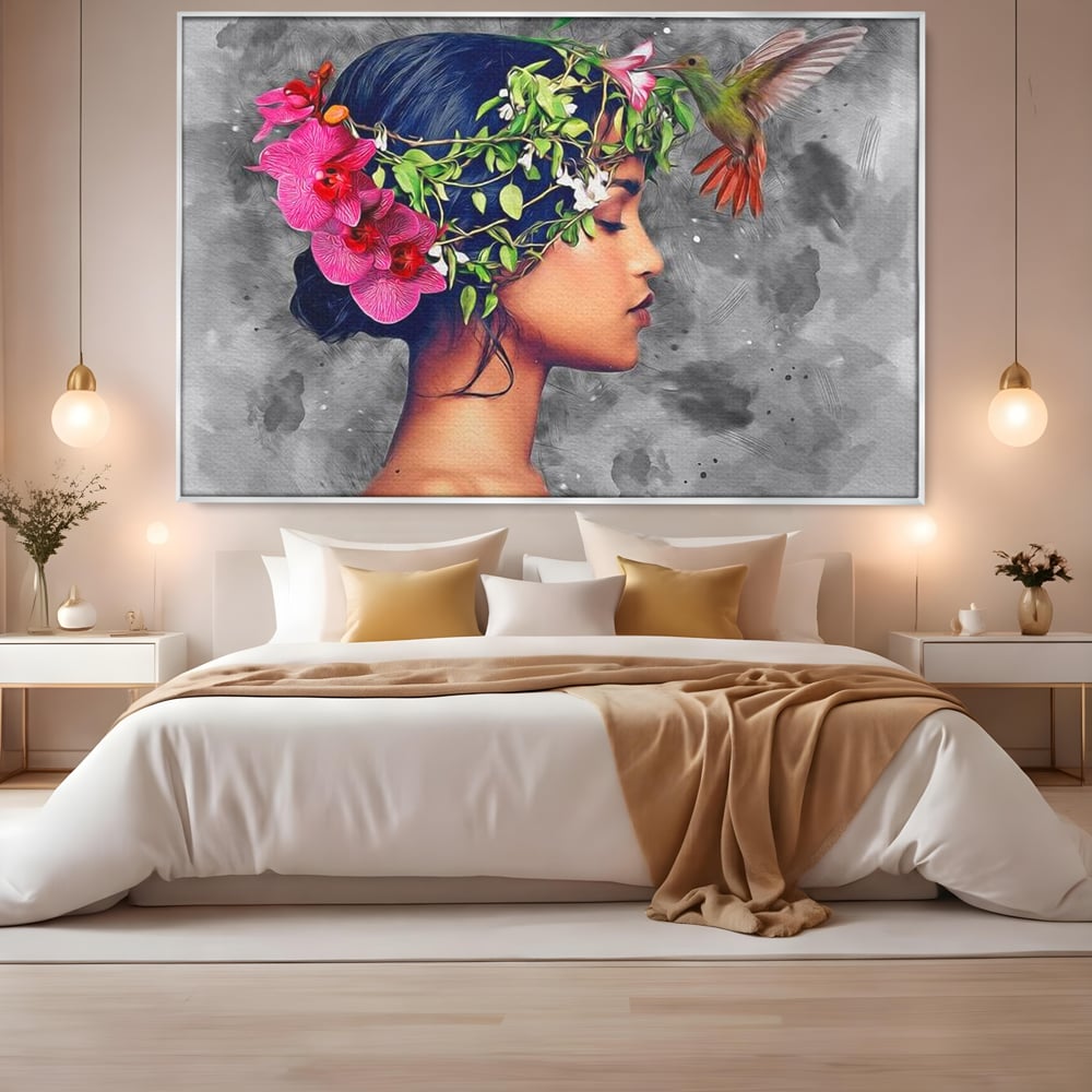 Tablou Canvas Premium, LuxCanva® G1107, Fata si Pasarea Colibri, Natura, Pasare, Flori, Aripi, Poetic, Frumusete, Feminitate, Zbor, Living, Dormitor