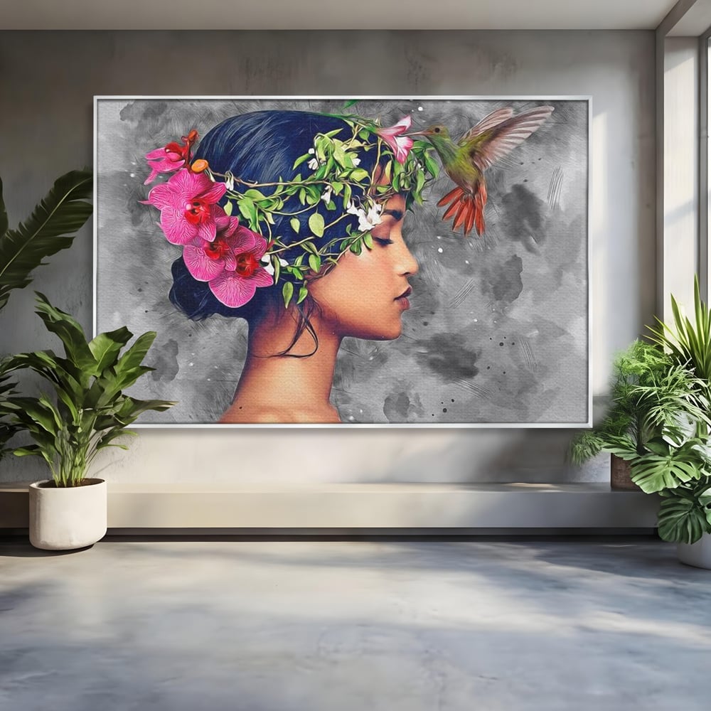 Tablou Canvas Premium, LuxCanva® G1107, Fata si Pasarea Colibri, Natura, Pasare, Flori, Aripi, Poetic, Frumusete, Feminitate, Zbor, Living, Dormitor