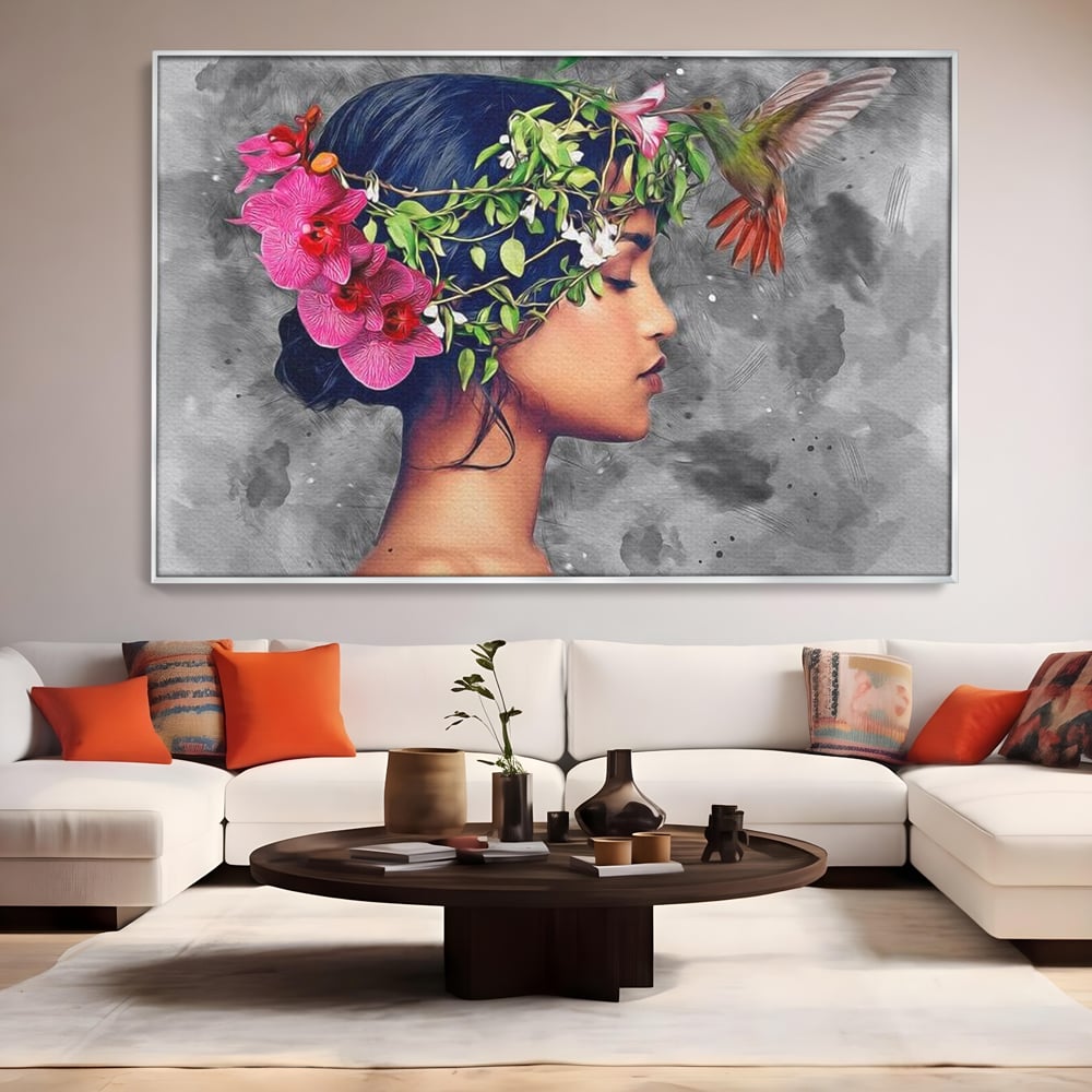 Tablou Canvas Premium, LuxCanva® G1107, Fata si Pasarea Colibri, Natura, Pasare, Flori, Aripi, Poetic, Frumusete, Feminitate, Zbor, Living, Dormitor