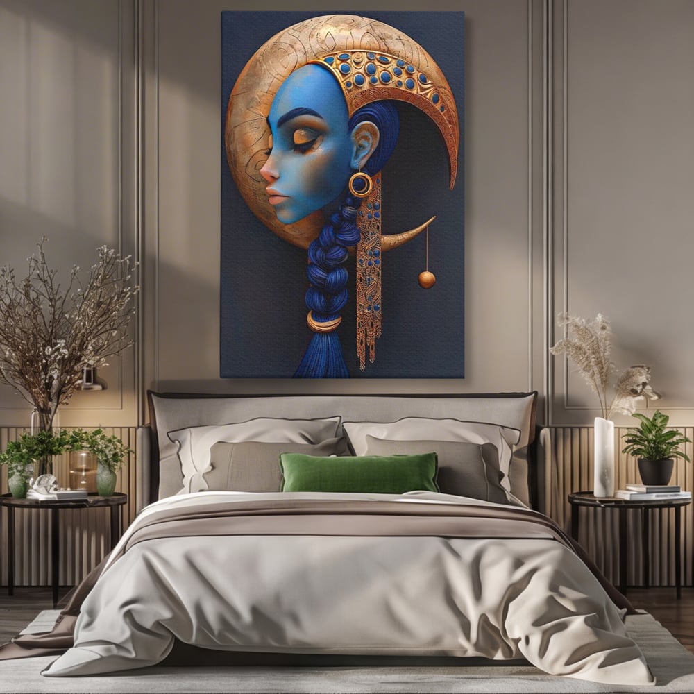 Tablou Canvas Premium, LuxCanva® G1108, Femeia Cosmica, Luna, Safir, Albastru, Univers, Regal, Spirit, Noapte, Mistic, Fantasy, Living, Dormitor