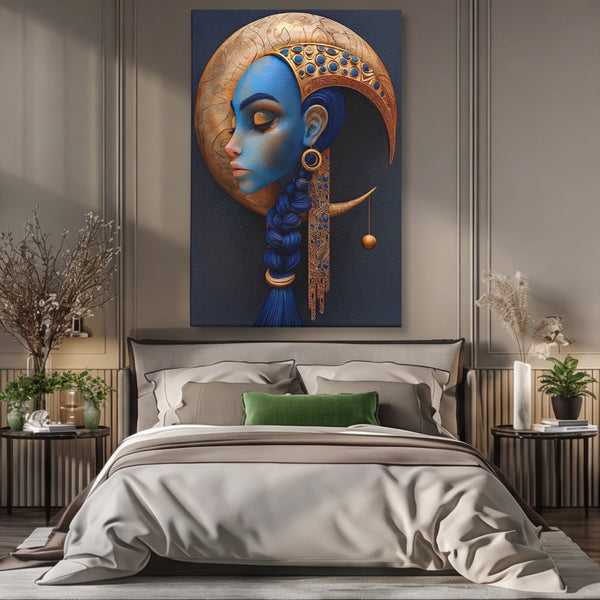 Tablou Canvas Premium, LuxCanva® G1108, Femeia Cosmica, Luna, Safir, Albastru, Univers, Regal, Spirit, Noapte, Mistic, Fantasy, Living, Dormitor