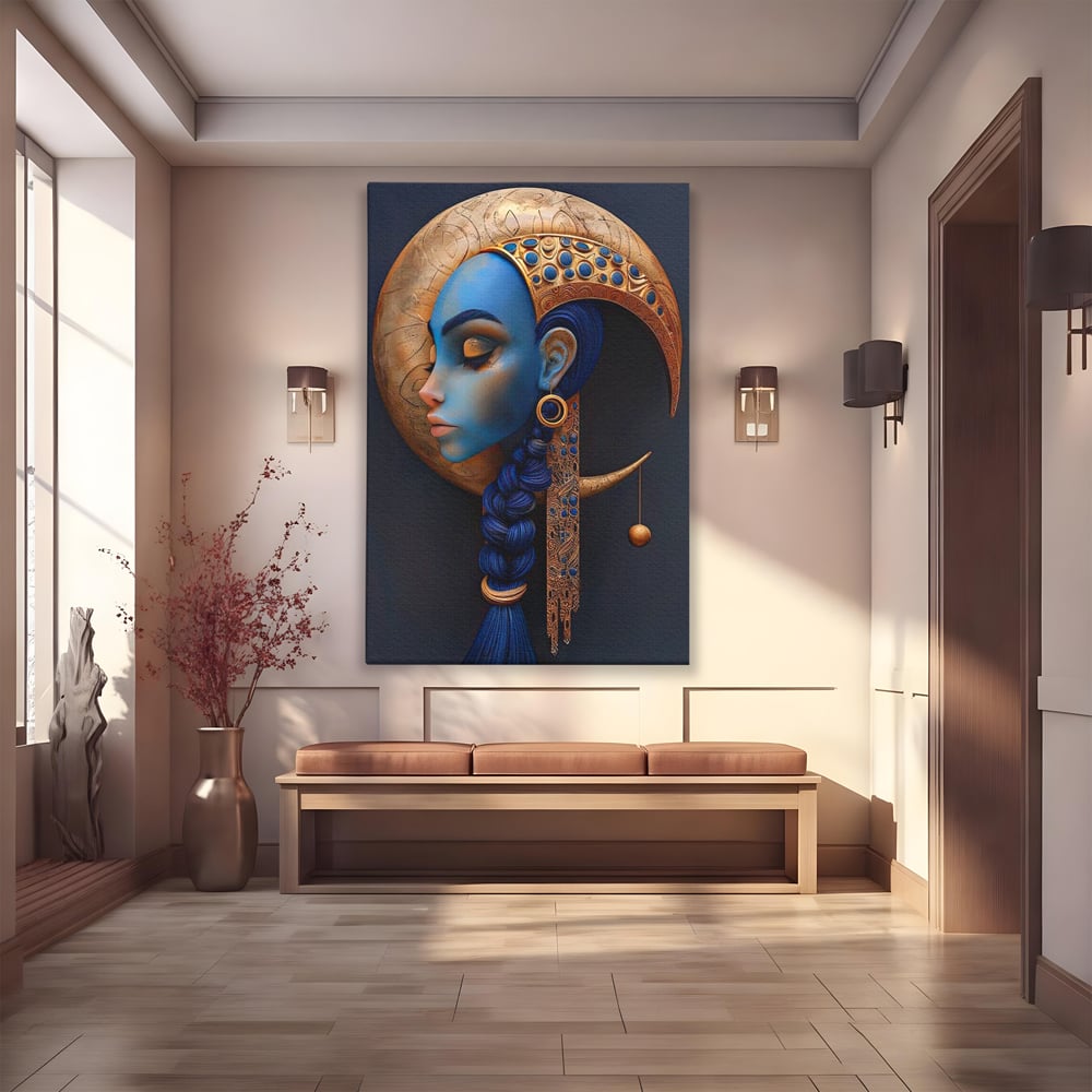 Tablou Canvas Premium, LuxCanva® G1108, Femeia Cosmica, Luna, Safir, Albastru, Univers, Regal, Spirit, Noapte, Mistic, Fantasy, Living, Dormitor