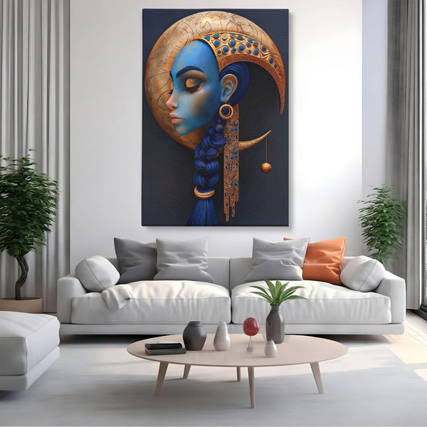 Tablou Canvas Premium, LuxCanva® G1108, Femeia Cosmica, Luna, Safir, Albastru, Univers, Regal, Spirit, Noapte, Mistic, Fantasy, Living, Dormitor