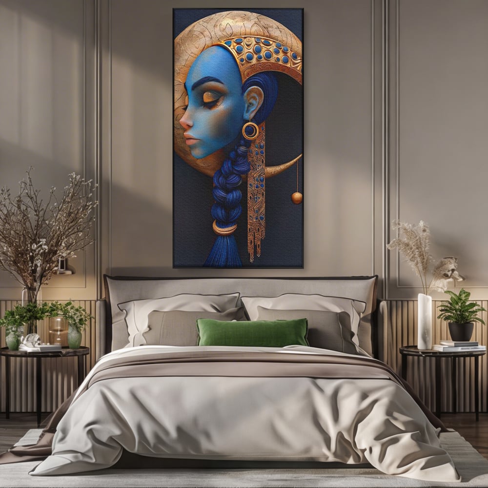 Tablou Canvas Premium, LuxCanva® G1108, Femeia Cosmica, Luna, Safir, Albastru, Univers, Regal, Spirit, Noapte, Mistic, Fantasy, Living, Dormitor