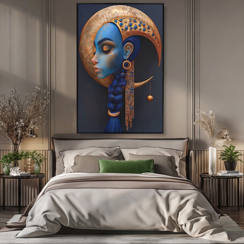 Tablou Canvas Premium, LuxCanva® G1108, Femeia Cosmica, Luna, Safir, Albastru, Univers, Regal, Spirit, Noapte, Mistic, Fantasy, Living, Dormitor
