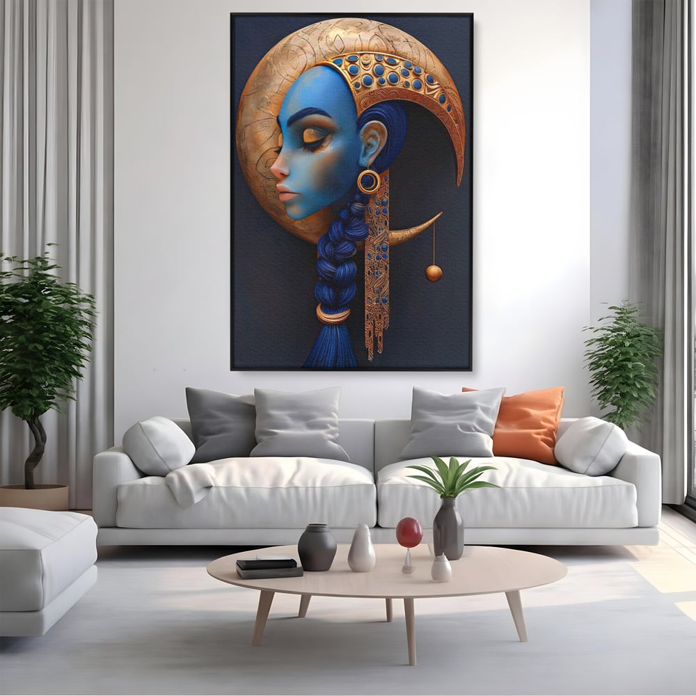 Tablou Canvas Premium, LuxCanva® G1108, Femeia Cosmica, Luna, Safir, Albastru, Univers, Regal, Spirit, Noapte, Mistic, Fantasy, Living, Dormitor