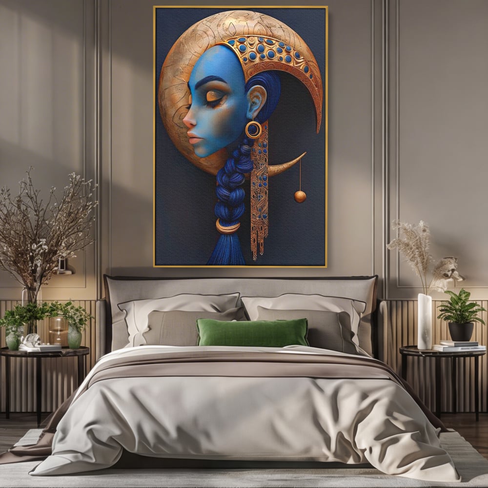 Tablou Canvas Premium, LuxCanva® G1108, Femeia Cosmica, Luna, Safir, Albastru, Univers, Regal, Spirit, Noapte, Mistic, Fantasy, Living, Dormitor