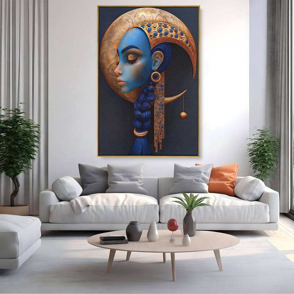 Tablou Canvas Premium, LuxCanva® G1108, Femeia Cosmica, Luna, Safir, Albastru, Univers, Regal, Spirit, Noapte, Mistic, Fantasy, Living, Dormitor