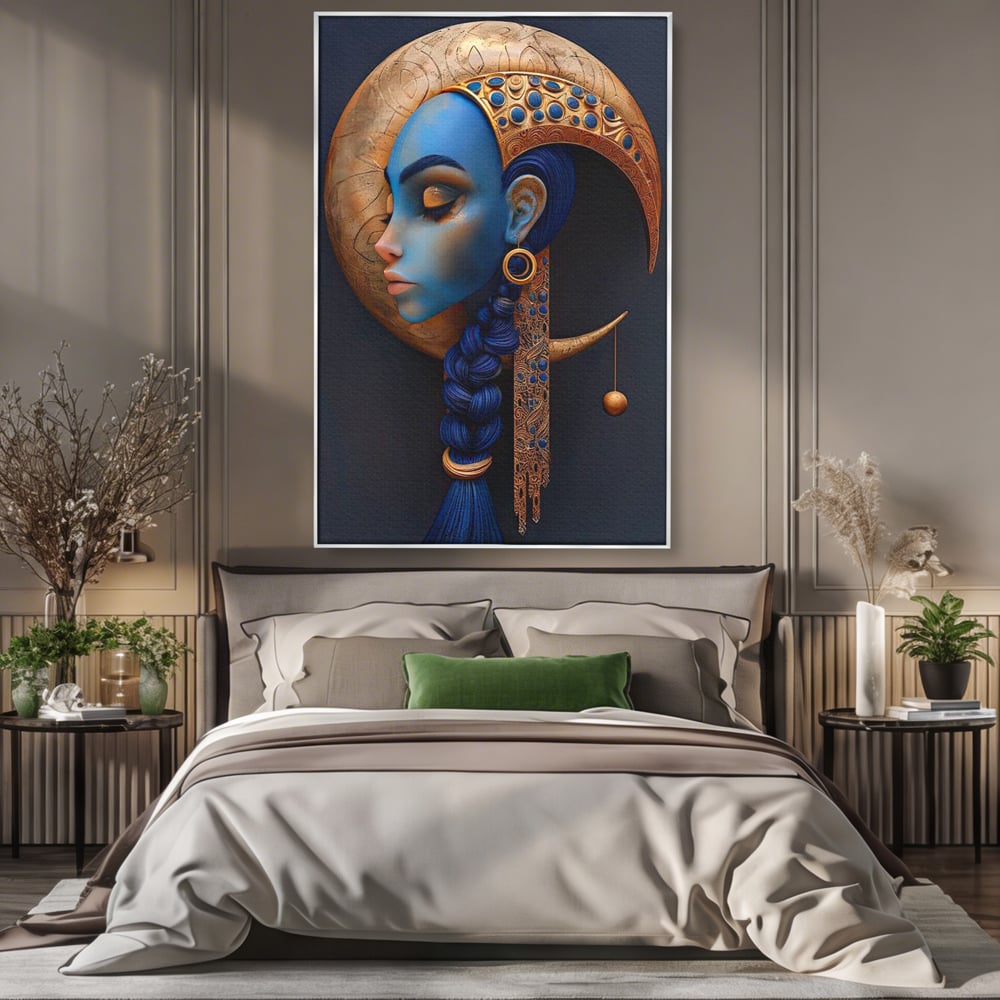 Tablou Canvas Premium, LuxCanva® G1108, Femeia Cosmica, Luna, Safir, Albastru, Univers, Regal, Spirit, Noapte, Mistic, Fantasy, Living, Dormitor