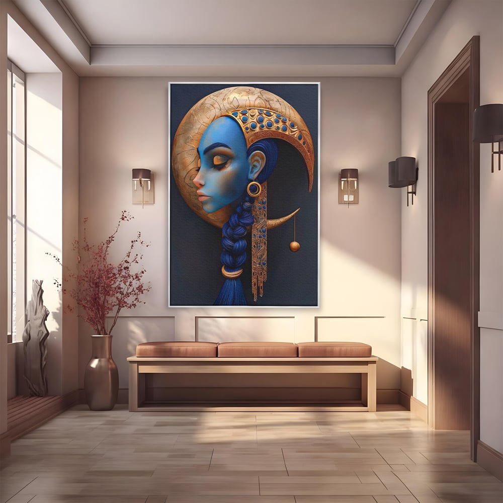 Tablou Canvas Premium, LuxCanva® G1108, Femeia Cosmica, Luna, Safir, Albastru, Univers, Regal, Spirit, Noapte, Mistic, Fantasy, Living, Dormitor