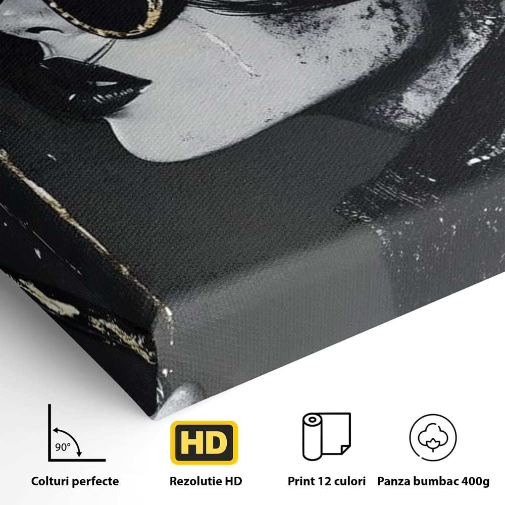 Tablou Canvas Premium, LuxCanva® G1112, Glamour In Ploaie, Picaturi, Umbrela, Gold, Ochelari, Stil, Rafinament, Cinematic, Artista, Living, Dormitor