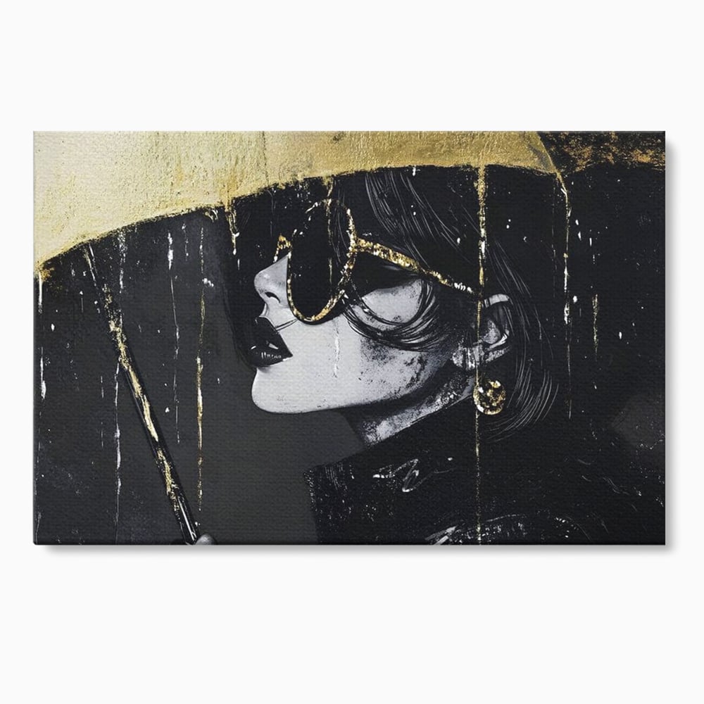 Tablou Canvas Premium, LuxCanva® G1112, Glamour In Ploaie, Picaturi, Umbrela, Gold, Ochelari, Stil, Rafinament, Cinematic, Artista, Living, Dormitor