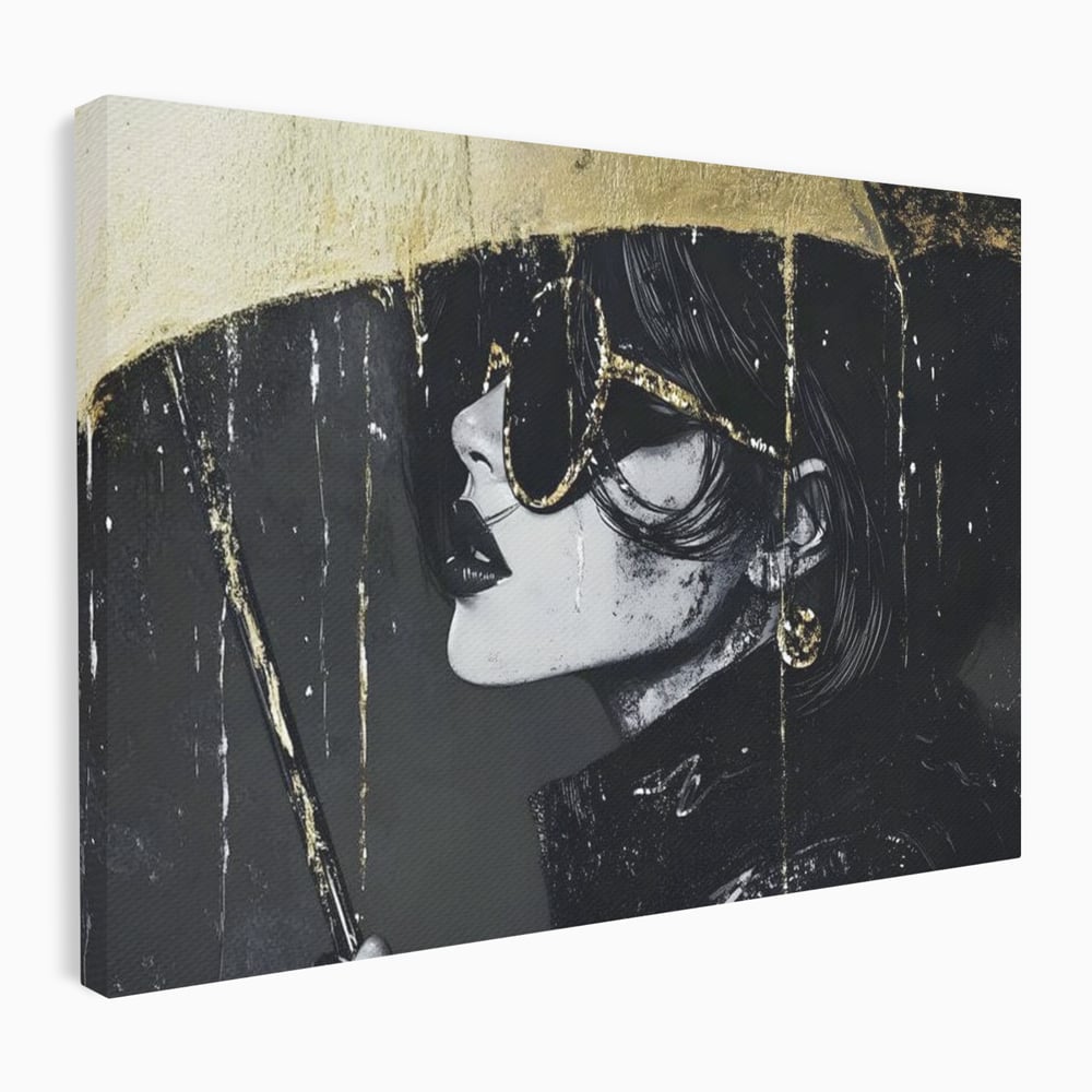 Tablou Canvas Premium, LuxCanva® G1112, Glamour In Ploaie, Picaturi, Umbrela, Gold, Ochelari, Stil, Rafinament, Cinematic, Artista, Living, Dormitor